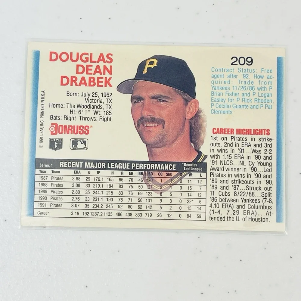 Donruss 1992 Doug Drabek 209 Pittsburgh Pirates MLB Base Set Baseball Card